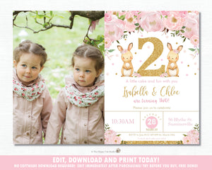 Twin Girls Bunnies 2nd Birthday Party Photo Invitation Editable Template - Instant Download - Digital Printable File - CB6