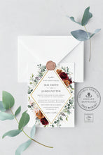 Load image into Gallery viewer, Elegant Rich Burgundy Burnt Orange Blush Ivory Floral Rhombus Wedding Invitation - Editable Template - Digital Printable File - Instant Download - RB3