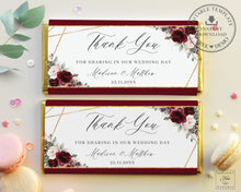 Load image into Gallery viewer, Burgundy Blush Pink Roses Floral Geometric Chocolate Bar Wrapper Aldi Hershey's - Wedding Bridal Shower Editable Template - Instant Download - RB1