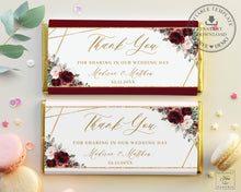 Load image into Gallery viewer, Burgundy Blush Pink Roses Floral Geometric Chocolate Bar Wrapper Aldi Hershey's - Wedding Bridal Shower Editable Template - Instant Download - RB1