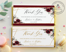 Load image into Gallery viewer, Burgundy Blush Pink Roses Floral Geometric Chocolate Bar Wrapper Aldi Hershey's - Wedding Bridal Shower Editable Template - Instant Download - RB1