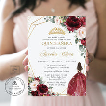 Load image into Gallery viewer, Burgundy Blush Floral Quinceañera Invitation Mis Quince 15 Anos Birthday Invite Diy Editable Template, Digital Printable File, QC1