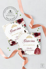 Load image into Gallery viewer, Chic Burgundy Blush Floral Quinceanera 15th Birthday Square Favor Tags - EDITABLE TEMPLATE - Digital Printable File - Instant Download - QC1
