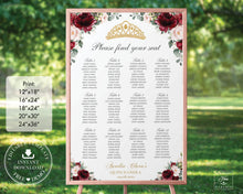 Load image into Gallery viewer, Burgundy Blush Floral Quinceañera Seating Chart, EDITABLE TEMPLATE, Digital Printable File, Instant Download, QC1