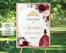 Load image into Gallery viewer, Burgundy Blush Floral Quinceañera Princess Tiara Welcome Sign, EDITABLE TEMPLATE, Digital Printable File, Instant Download, QC1