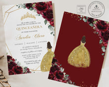 Load image into Gallery viewer, Rich Burgundy Roses Floral Gold Dress Quinceañera Invitation INSTANT DOWNLOAD, Mis Quince 15 Anos Birthday Editable Template Printable, QC23