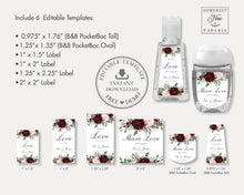 Load image into Gallery viewer, Rustic Burgundy Blush Floral Hand Sanitizer Labels, EDITABLE TEMPLATE, PocketBac Wedding Baby Shower Favors Digital Printable File, INSTANT Download, RB1