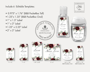 Rustic Burgundy Blush Floral Hand Sanitizer Labels, EDITABLE TEMPLATE, PocketBac Wedding Baby Shower Favors Digital Printable File, INSTANT Download, RB1
