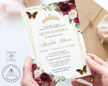 Load image into Gallery viewer, Burgundy Blush Floral Butterflies Quinceañera Invitation EDITABLE TEMPLATE, Mis Quince 15 Anos Princess Tiara Birthday Instant Download PDF Printable, QC11