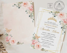 Load image into Gallery viewer, Chic Blush Pink Floral Quinceañera Invitation Printable EDITABLE TEMPLATE, Butterflies Mis Quince 15 Anos 16th 18th Birthday DIY Invite, QC7