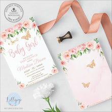 Load image into Gallery viewer, Chic Pink Floral Butterfly Sweet Baby Girl Baby Shower Invitation Editable Template - Instant Download - Digital Printable File
