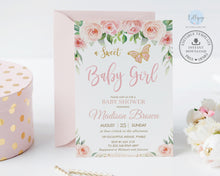 Load image into Gallery viewer, Chic Pink Floral Butterfly Sweet Baby Girl Baby Shower Invitation Editable Template - Instant Download - Digital Printable File