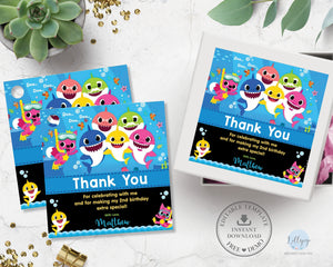 Baby Shark Family Blue Square Thank You Favor Tags Stickers Editable Template - Digital Printable File - Instant Download - SF1