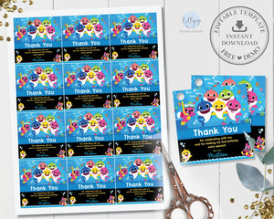 Baby Shark Family Blue Square Thank You Favor Tags Stickers Editable Template - Digital Printable File - Instant Download - SF1