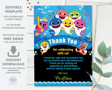 Load image into Gallery viewer, Baby Shark Family Blue 5"x7" Thank You Note Card Editable Template - Digital Printable File - Instant Download - SF1