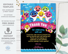 Load image into Gallery viewer, Baby Shark Family Pink 5"x7" Thank You Note Card Editable Template - Digital Printable File - Instant Download - SF1