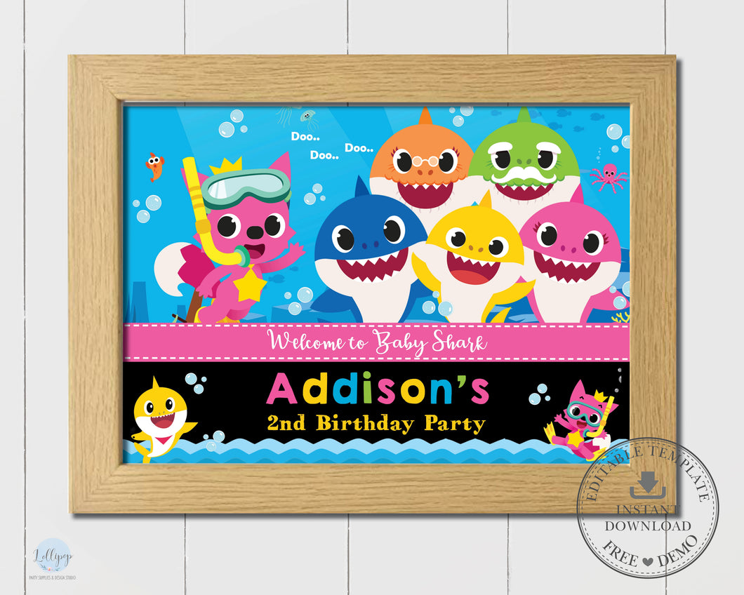 Baby Shark Family Pink A4 Welcome Sign Editable Template - Digital Printable File - Instant Download - SF1