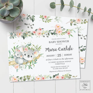 Blush Floral Greenery Mommy and Baby Koala Australian Animals Girl Baby Shower Invitation - Editable Template - Digital Printable File - Instant Download - AU1