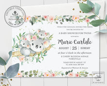 Load image into Gallery viewer, Twin Girls Koala Pink Floral Greenery Baby Shower Invitation Editable Template - Instant Download - Digital Printable File - AU1
