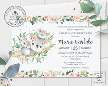 Load image into Gallery viewer, Twin Girls Koala Pink Floral Greenery Baby Shower Invitation Editable Template - Instant Download - Digital Printable File - AU1