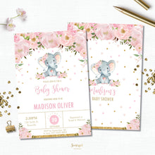 Load image into Gallery viewer, Pink Blush Floral Elephant Baby Shower Invitation Editable Template - Digital File - Instant Download - EP5