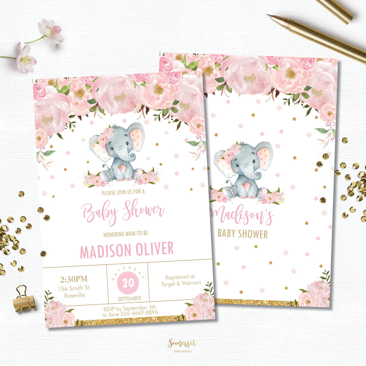 Pink Blush Floral Elephant Baby Shower Invitation Editable Template ...