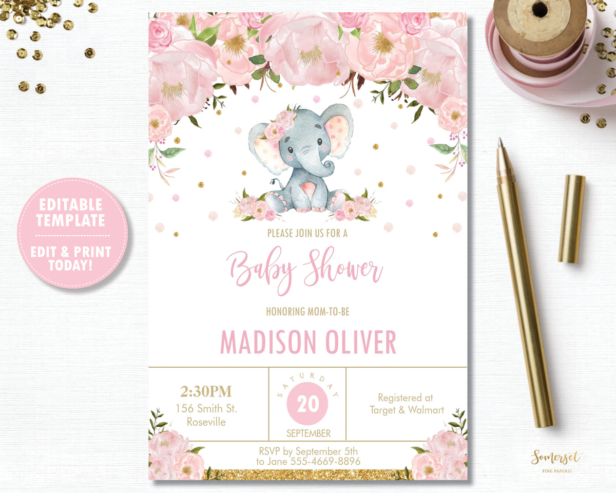 Pink Blush Floral Elephant Baby Shower Invitation Editable Template ...
