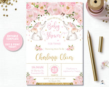 Load image into Gallery viewer, Twin Girls Elephant Baby Shower Personalised Invitation Editable Template - Digital Printable File - Instant Download - EP1