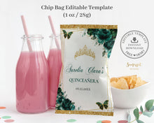 Load image into Gallery viewer, Chip Bag EDITABLE TEMPLATE Emerald Green Floral Butterflies Quinceañera Mis Quince 15 Anos Birthday Favor Instant Download PDF Printable QC9