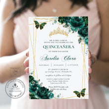 Load image into Gallery viewer, Emerald Green Floral Butterflies Quinceañera Invitation EDITABLE TEMPLATE, Mis Quince 15 Anos Birthday Instant Download PDF Printable, QC9
