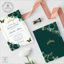 Load image into Gallery viewer, Emerald Green Floral Butterflies Quinceañera Invitation EDITABLE TEMPLATE, Mis Quince 15 Anos Birthday Instant Download PDF Printable, QC9