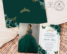 Load image into Gallery viewer, Emerald Green Floral Butterflies Quinceañera Photo Invitation EDITABLE TEMPLATE, Mis Quince 15 Anos Birthday Instant Download Printable, QC9