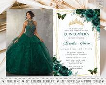 Load image into Gallery viewer, Emerald Green Floral Butterflies Quinceañera Photo Invitation EDITABLE TEMPLATE, Mis Quince 15 Anos Birthday Instant Download Printable, QC9