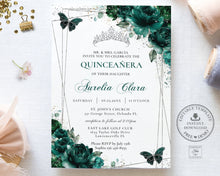 Load image into Gallery viewer, Chic Emerald Green Floral Silver Butterflies Princess Tiara Quinceañera Invitation EDITABLE TEMPLATE Mis Quince 15 Anos Sweet 16 Birthday Invite Printable QC9