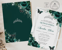 Load image into Gallery viewer, Chic Emerald Green Floral Silver Butterflies Princess Tiara Quinceañera Invitation EDITABLE TEMPLATE Mis Quince 15 Anos Sweet 16 Birthday Invite Printable QC9

