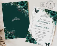 Load image into Gallery viewer, Chic Emerald Green Floral Silver Butterflies Princess Tiara Quinceañera Invitation EDITABLE TEMPLATE Mis Quince 15 Anos Sweet 16 Birthday Invite Printable QC9