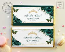 Load image into Gallery viewer, Emerald Green Floral Butterflies Crown Chocolate Bar Wrapper, EDITABLE TEMPLATE, Quinceanera Birthday Aldi Hershey's Candy Labels Printable, QC9
