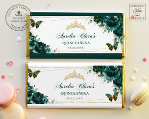 Emerald Green Floral Butterflies Crown Chocolate Bar Wrapper, EDITABLE TEMPLATE, Quinceanera Birthday Aldi Hershey's Candy Labels Printable, QC9