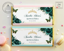 Load image into Gallery viewer, Emerald Green Floral Butterflies Crown Chocolate Bar Wrapper, EDITABLE TEMPLATE, Quinceanera Birthday Aldi Hershey's Candy Labels Printable, QC9