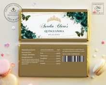 Load image into Gallery viewer, Emerald Green Floral Butterflies Crown Chocolate Bar Wrapper, EDITABLE TEMPLATE, Quinceanera Birthday Aldi Hershey's Candy Labels Printable, QC9