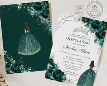 Load image into Gallery viewer, Chic Emerald Green Floral Silver Princess Tiara Quinceañera Invitation EDITABLE TEMPLATE Mis Quince 15 Anos Sweet 16 Birthday Invite Printable QC9