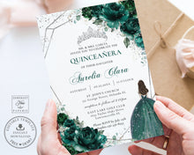 Load image into Gallery viewer, Chic Emerald Green Floral Silver Princess Tiara Quinceañera Invitation EDITABLE TEMPLATE Mis Quince 15 Anos Sweet 16 Birthday Invite Printable QC9
