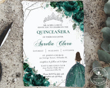 Load image into Gallery viewer, Chic Emerald Green Floral Silver Princess Tiara Quinceañera Invitation EDITABLE TEMPLATE Mis Quince 15 Anos Sweet 16 Birthday Invite Printable QC9