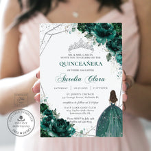 Load image into Gallery viewer, Chic Emerald Green Floral Silver Princess Tiara Quinceañera Invitation EDITABLE TEMPLATE Mis Quince 15 Anos Sweet 16 Birthday Invite Printable QC9