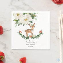 Load image into Gallery viewer, Rustic Ivory Floral Deer Baby Shower Personalised Cocktail Paper Napkins Pack of 50