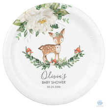 Load image into Gallery viewer, Rustic Ivory Floral Deer Baby Shower Personalised 7&quot; Dessert Paper Plates 8pk
