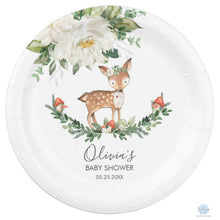 Load image into Gallery viewer, Rustic Ivory Floral Deer Baby Shower Personalised 7" Dessert Paper Plates 8pk
