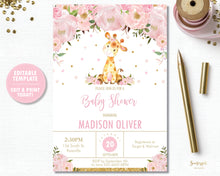 Load image into Gallery viewer, Pink Blush Floral Giraffe Baby Shower Invitation Editable Template - Digital File - Instant Download - GF1