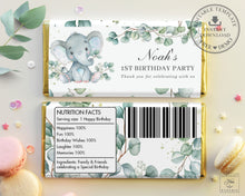 Load image into Gallery viewer, Cute Elephant Greenery Chocolate Bar Wrapper - Baby Shower Birthday Editable Template - Instant Download - EP10