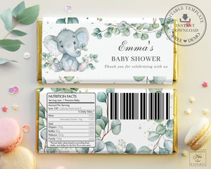 Cute Elephant Greenery Chocolate Bar Wrapper - Baby Shower Birthday Editable Template - Instant Download - EP10